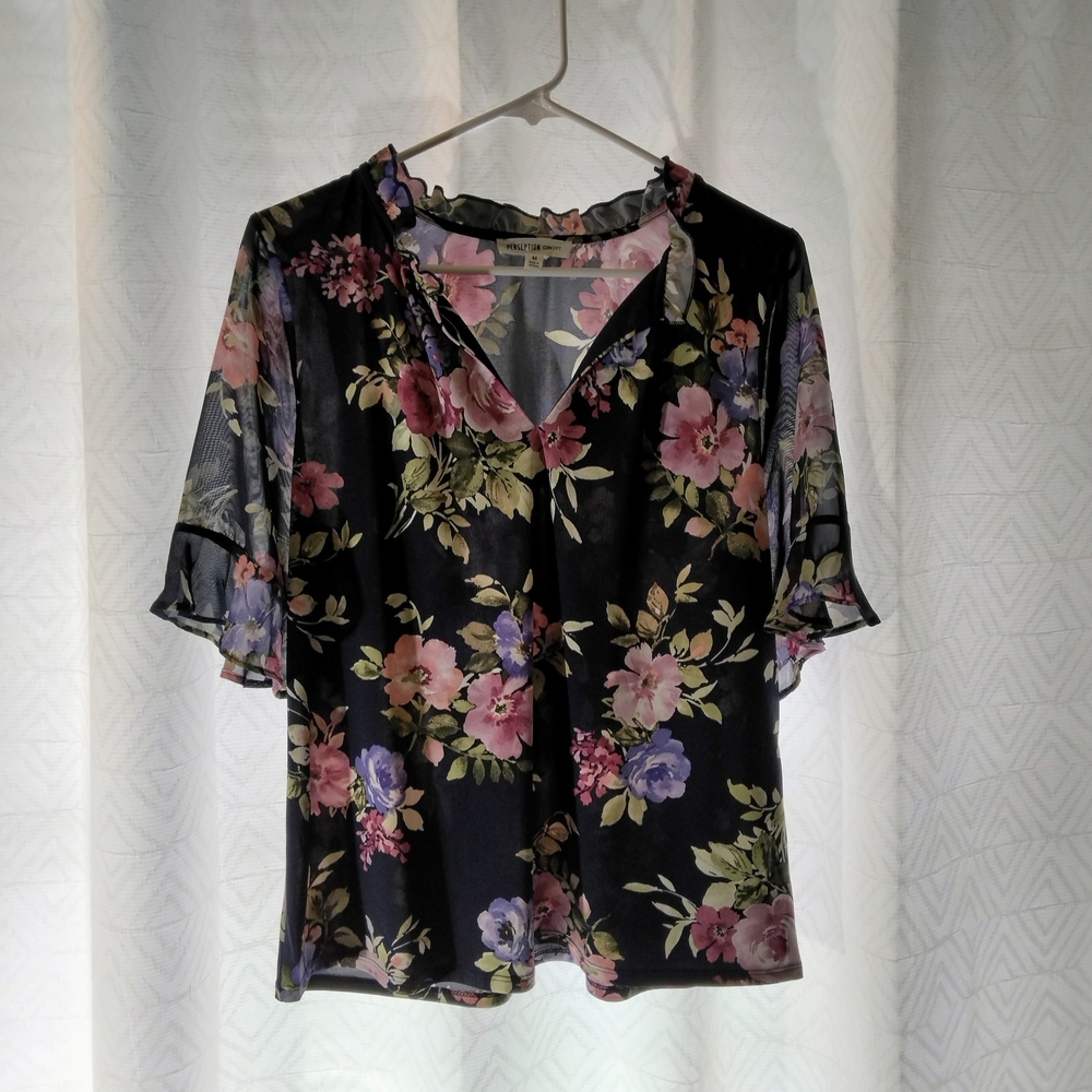 PerSeption Concept Navy Blue Short Ruffled Sleeve Blouse Size Medium